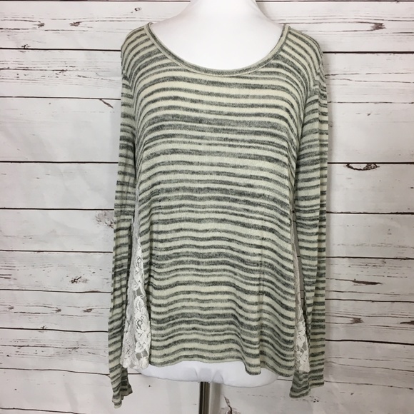 Rewind XL Sweater Gray Stripe Lace Side Panels Striped Lightweight - Picture 2 of 9